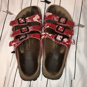 Red and white paisley birkenstocks